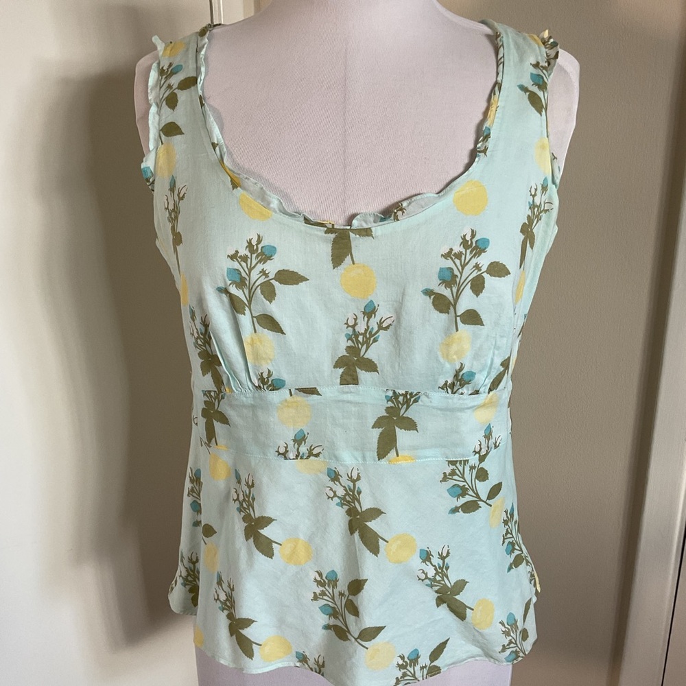 LOFT Petite 10P Blue Yellow Floral Peplum Tank Top 100% Cotton Sleeveless